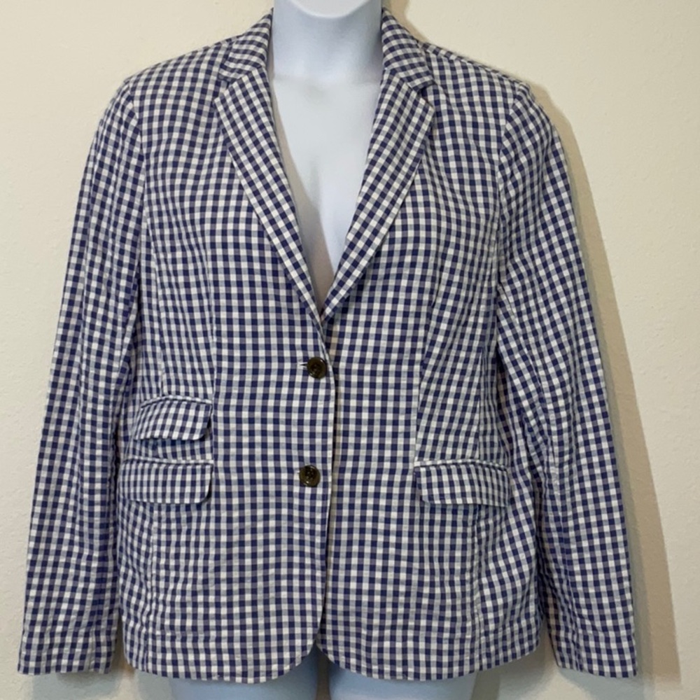 Lands End Gingham Blue White Check Blazer Cotton Blend Size 16